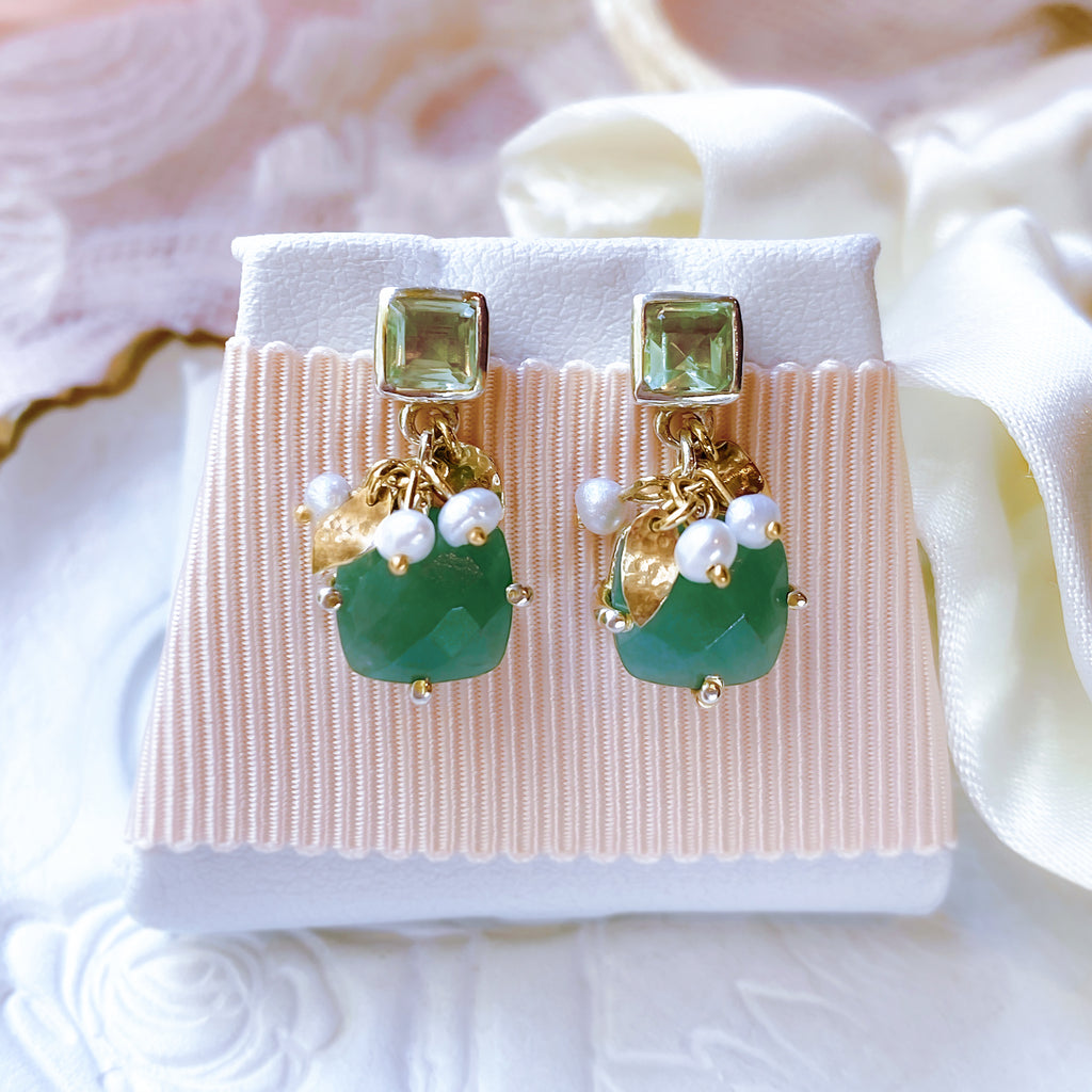 Green Aventurine and Pearls Cute Drop Earrings in 9ct Gold and Silver - Bijoux de Chagall