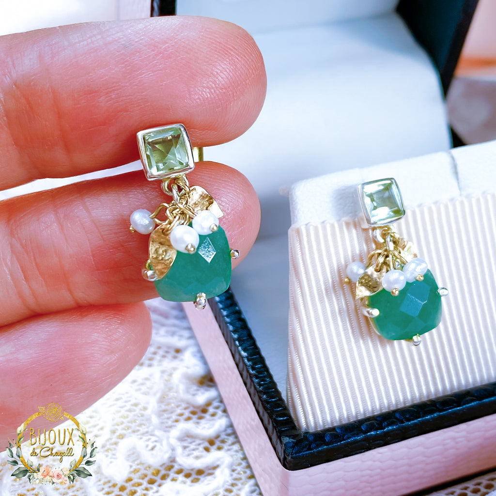 Green Aventurine and Pearls Cute Drop Earrings in 9ct Gold and Silver - Bijoux de Chagall
