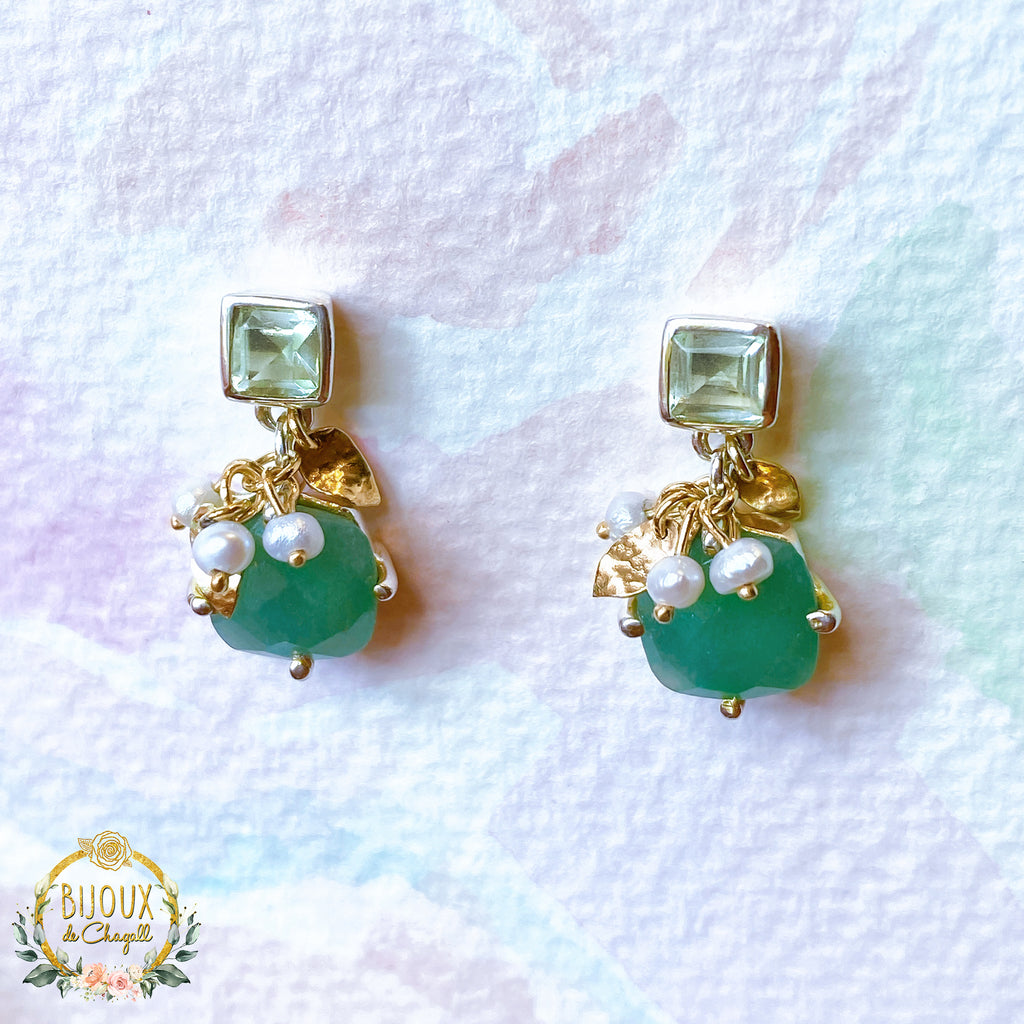 Green Aventurine and Pearls Cute Drop Earrings in 9ct Gold and Silver - Bijoux de Chagall