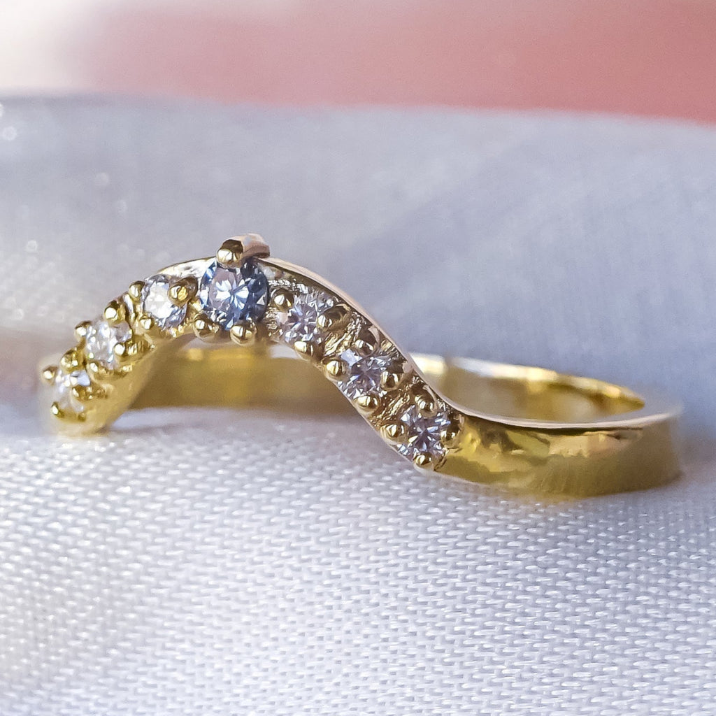 Ice Blue and White Diamond Contour Curved Wedding ring band in 9ct Gold - Bijoux de Chagall