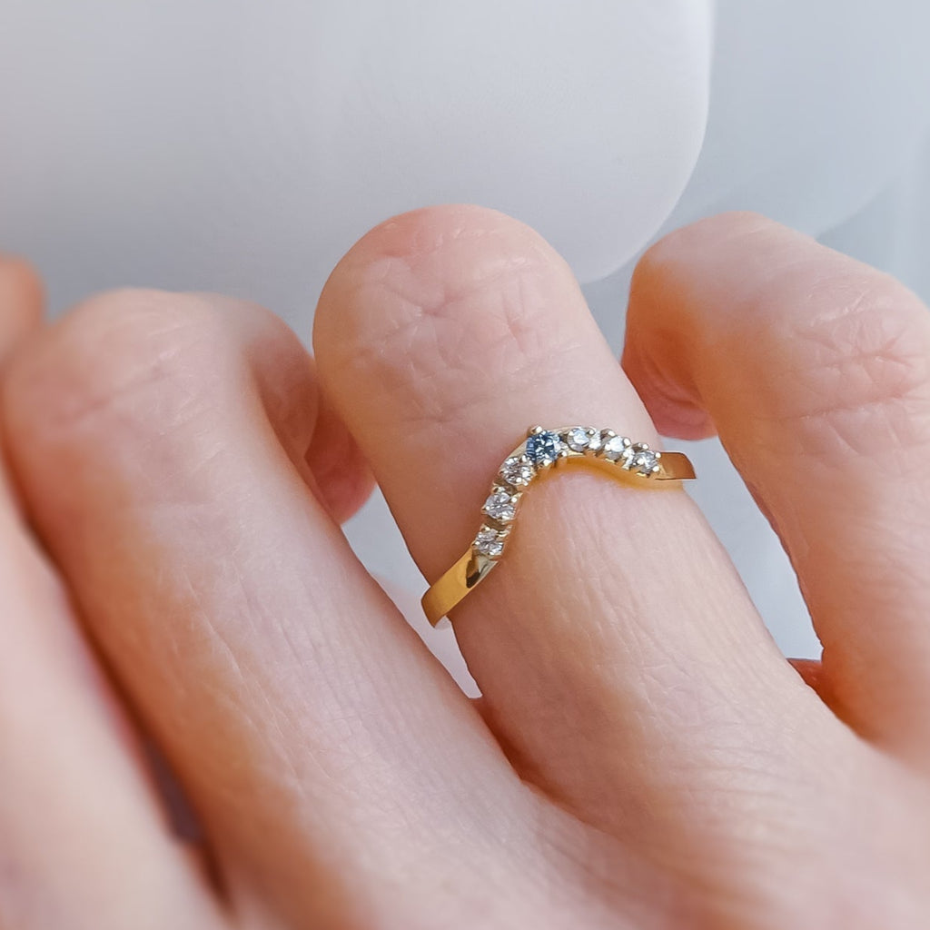 Ice Blue and White Diamond Contour Curved Wedding ring band in 9ct Gold - Bijoux de Chagall