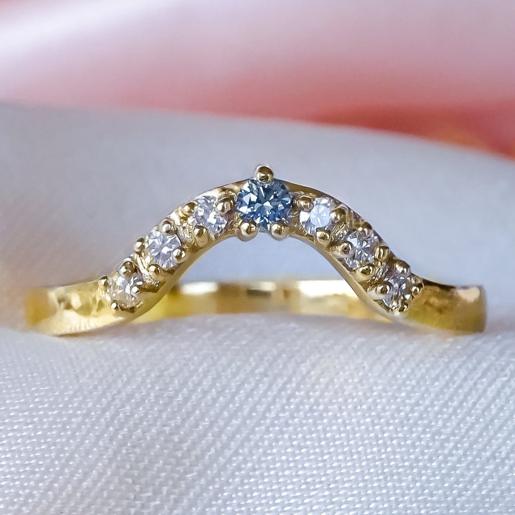 Ice Blue and White Diamond Contour Curved Wedding ring band in 9ct Gold - Bijoux de Chagall