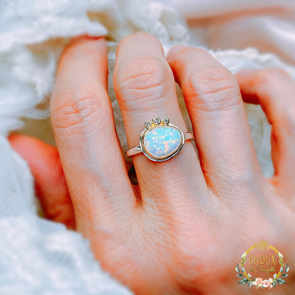 White Opal Moissanite Diamond Unique Engagement ring in 18ct Gold and Silver - Bijoux de Chagall