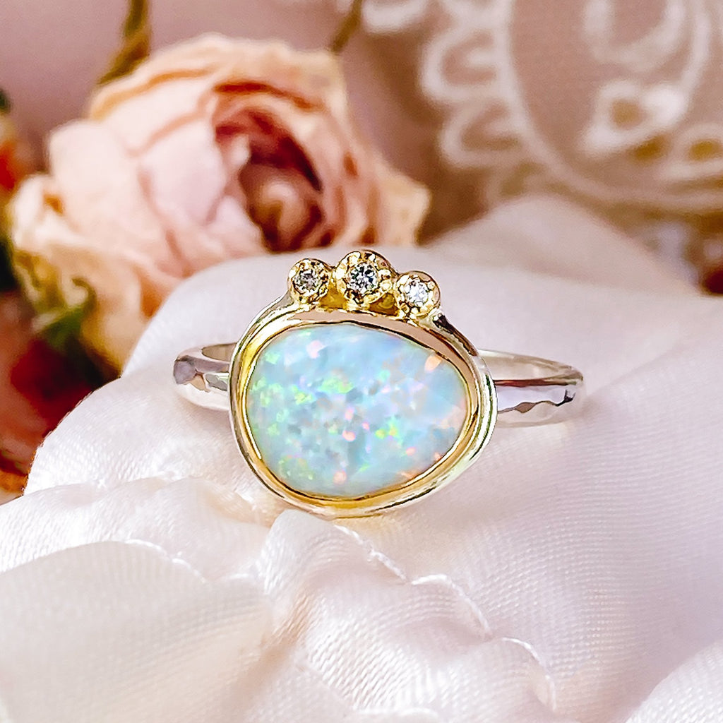 White Opal Moissanite Diamond Unique Engagement ring in 18ct Gold and Silver - Bijoux de Chagall