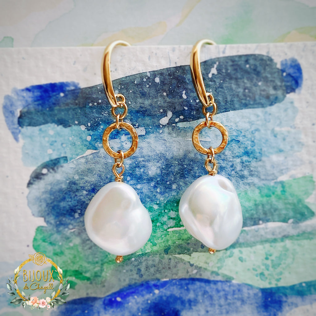 South Sea White Keshi Pearl Drop Dangle Earrings in 9ct Gold - Bijoux de Chagall