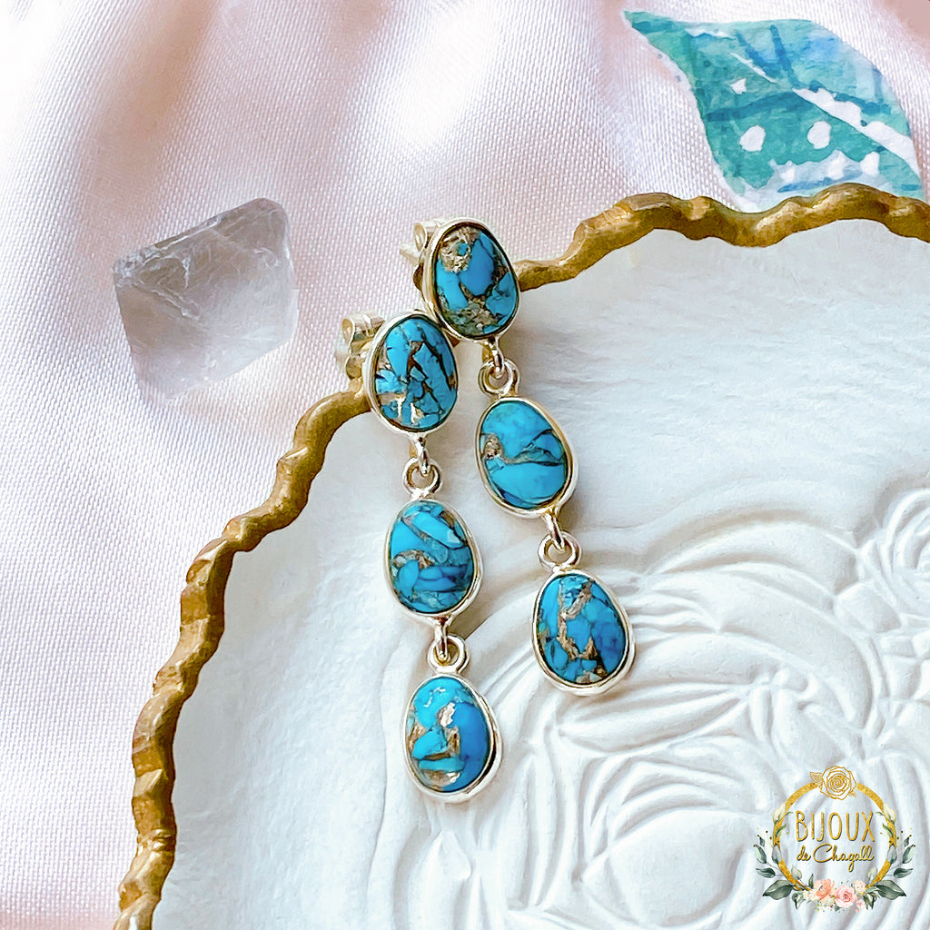 Mojave Copper Matrix Turquoise Silver Dangle Earrings - Bijoux de Chagall