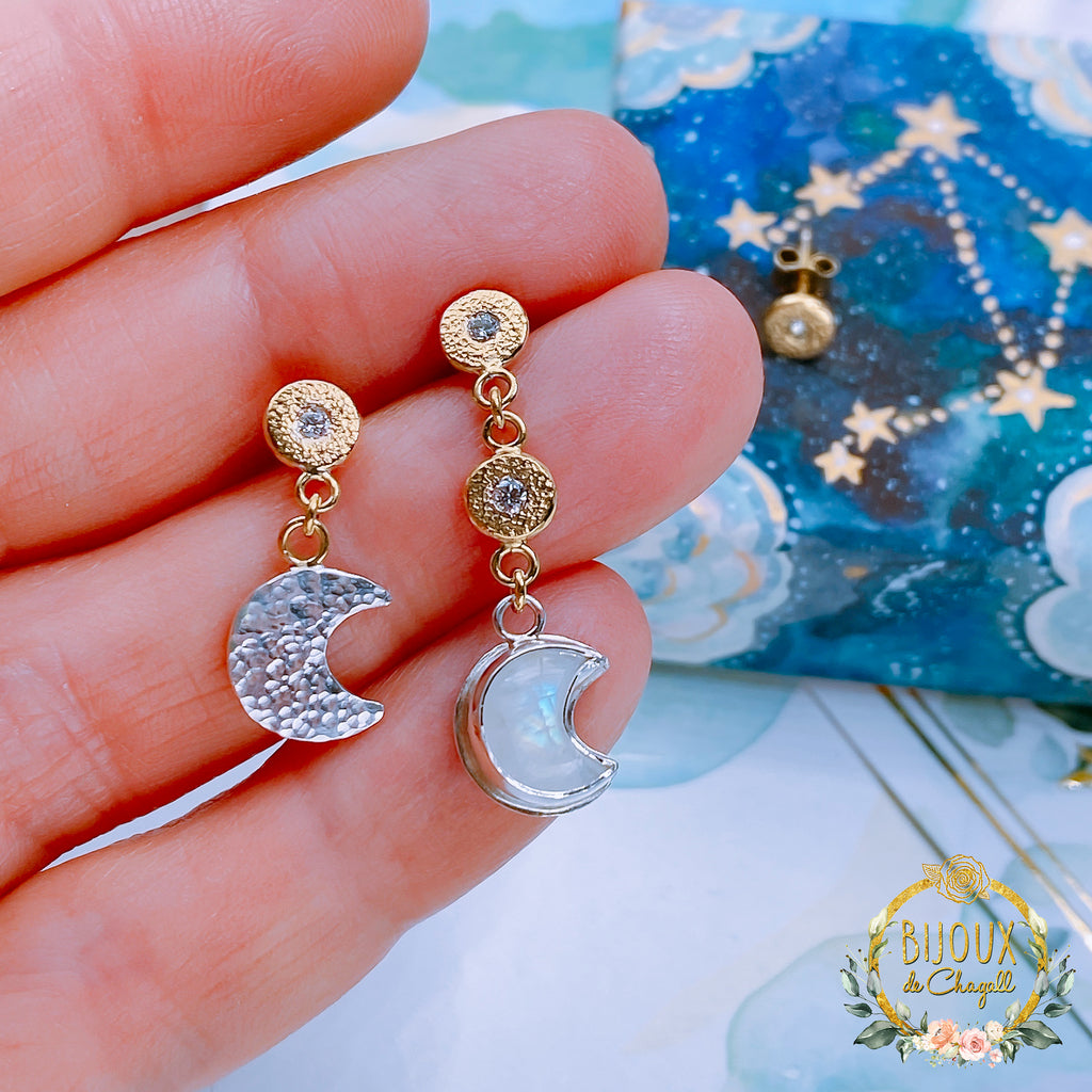 Asymmetric Crescent Moon Moonstone Diamond Drop Earrings - Bijoux de Chagall