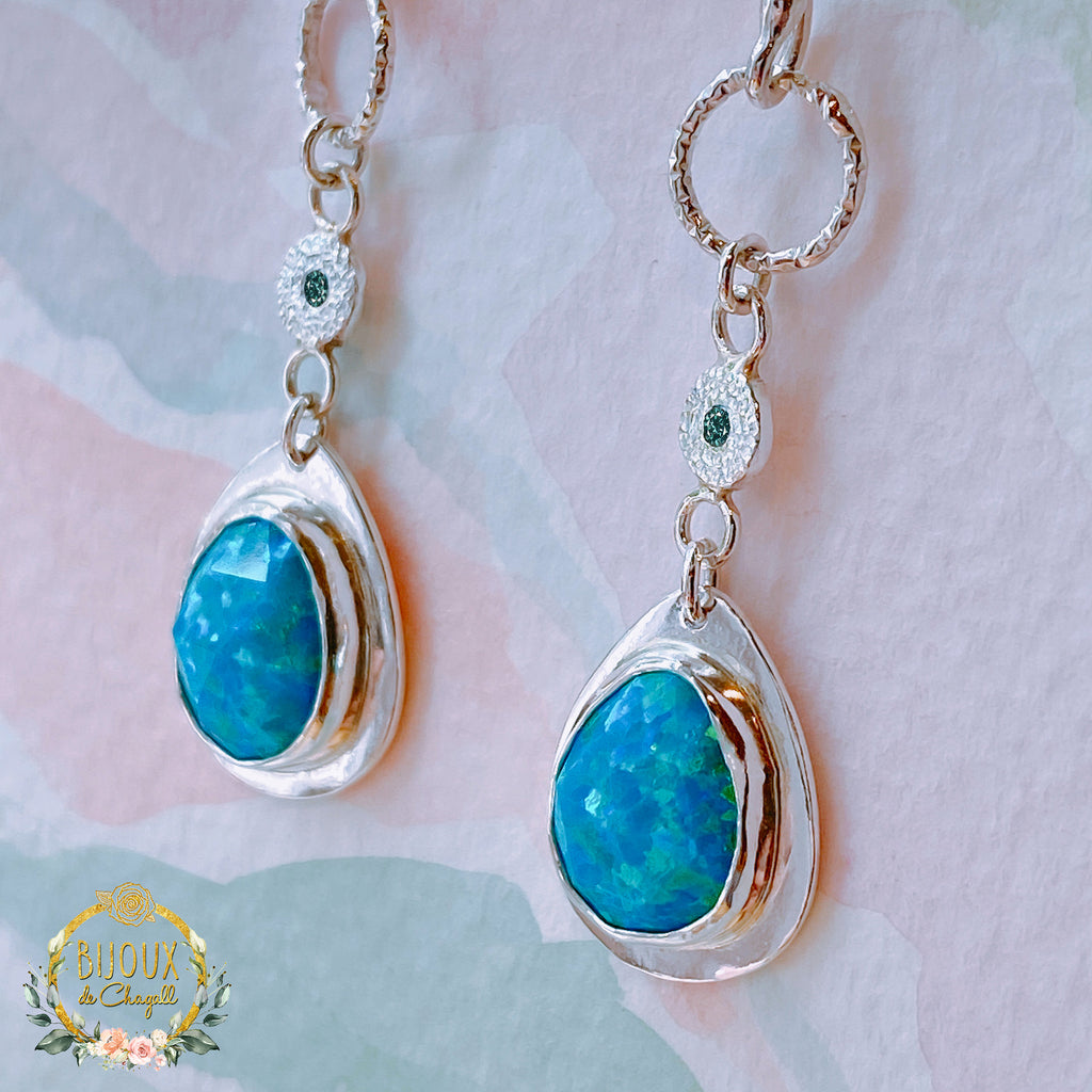 Ocean Opal and Teal Diamond Silver Drop Earrings - Bijoux de Chagall