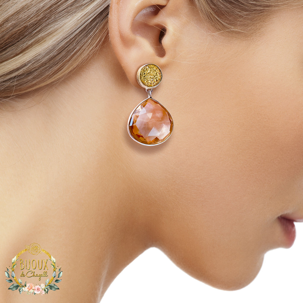 Luxury Peach Morganite and 24k Gold Druzy Chic earrings in Sterling Silver - Bijoux de Chagall