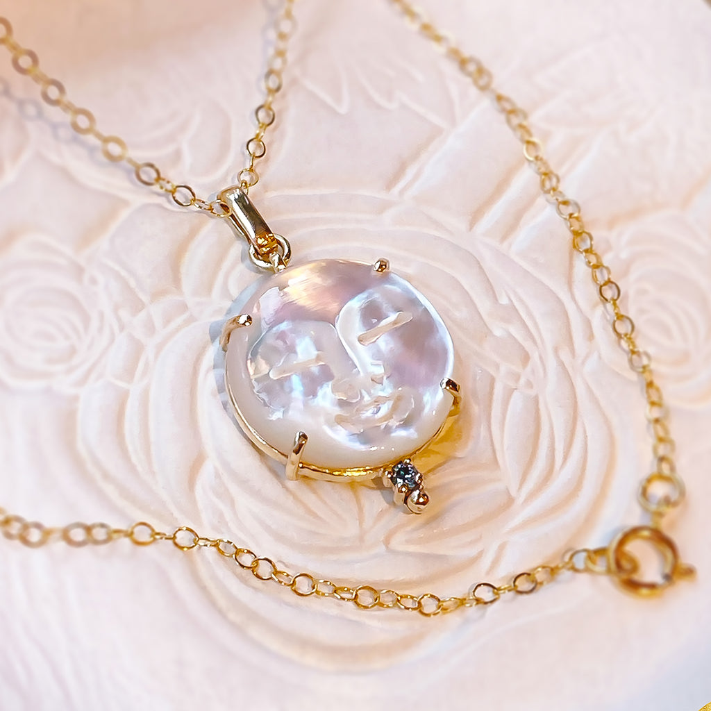 Handcrafted Pearl Moon Ice Diamond Pendant Necklace in 9ct / 18ct Gold - Bijoux de Chagall