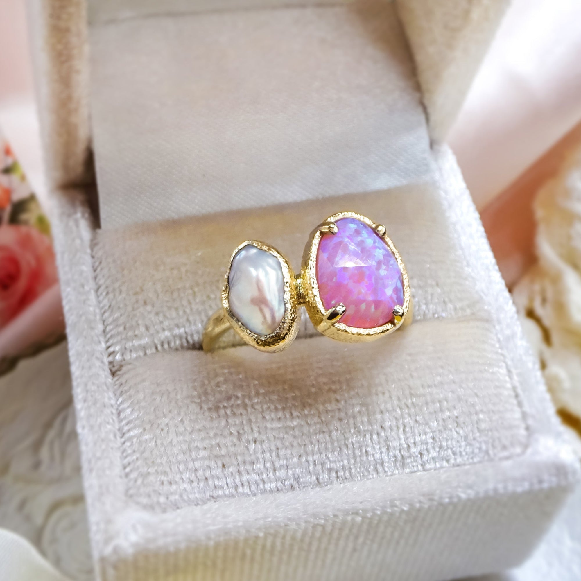 Toi et Moi Gorgeous Opal and Keshi Pearl Engagement Ring in 9ct 18ct Gold