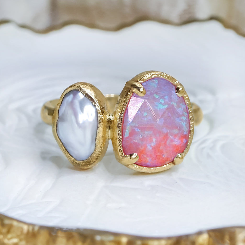 Toi et Moi - Gorgeous Opal and White Keshi Pearl Engagement Ring in 9ct / 18ct Gold - Bijoux de Chagall