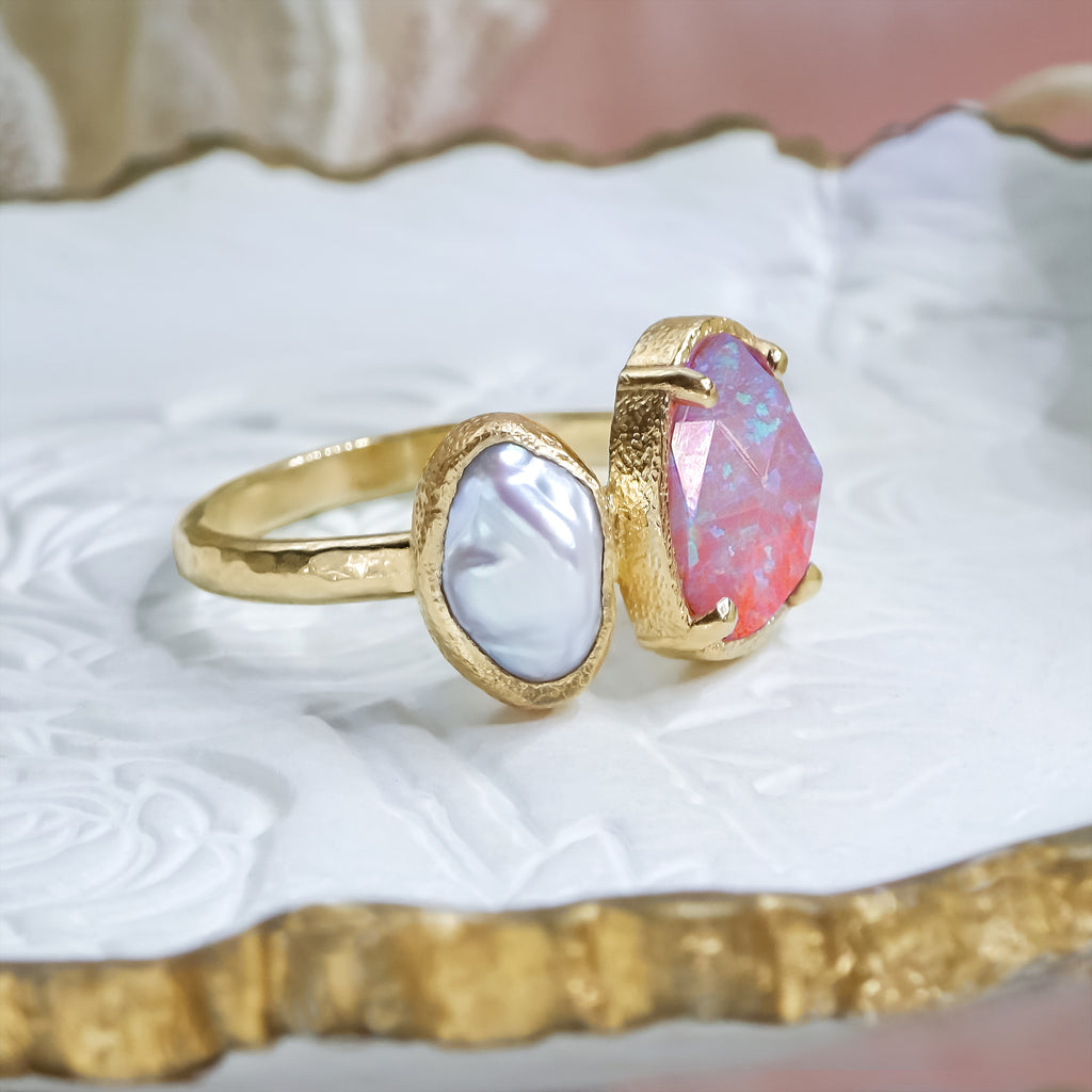 Toi et Moi - Gorgeous Opal and Keshi Pearl Engagement Ring in 9ct / 18ct Gold - Bijoux de Chagall