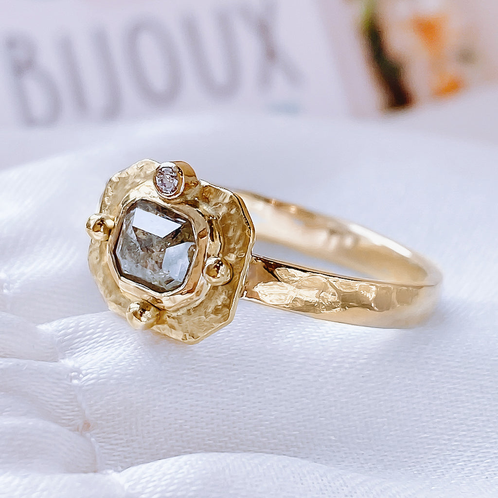 Medieval Natural Grey Salt & Pepper Diamond Engagement ring in 9ct / 18ct Gold - Bijoux de Chagall