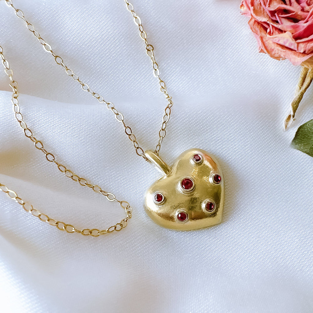 Antique style, Love Ruby Cute Puff Heart Pendant Necklace in 9ct Yellow Gold - Bijoux de Chagall