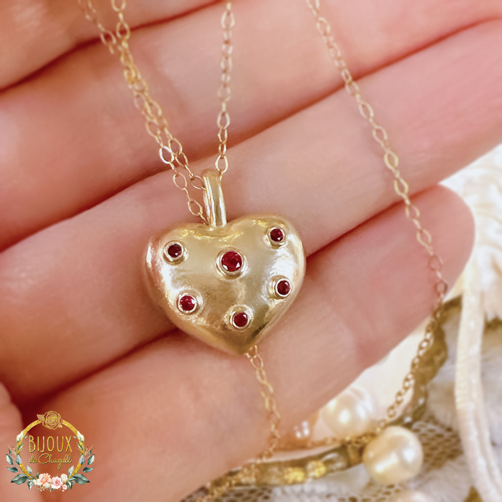 Antique style, Love Ruby Cute Heart Pendant Necklace in solid 9ct / 18ct Gold - Bijoux de Chagall