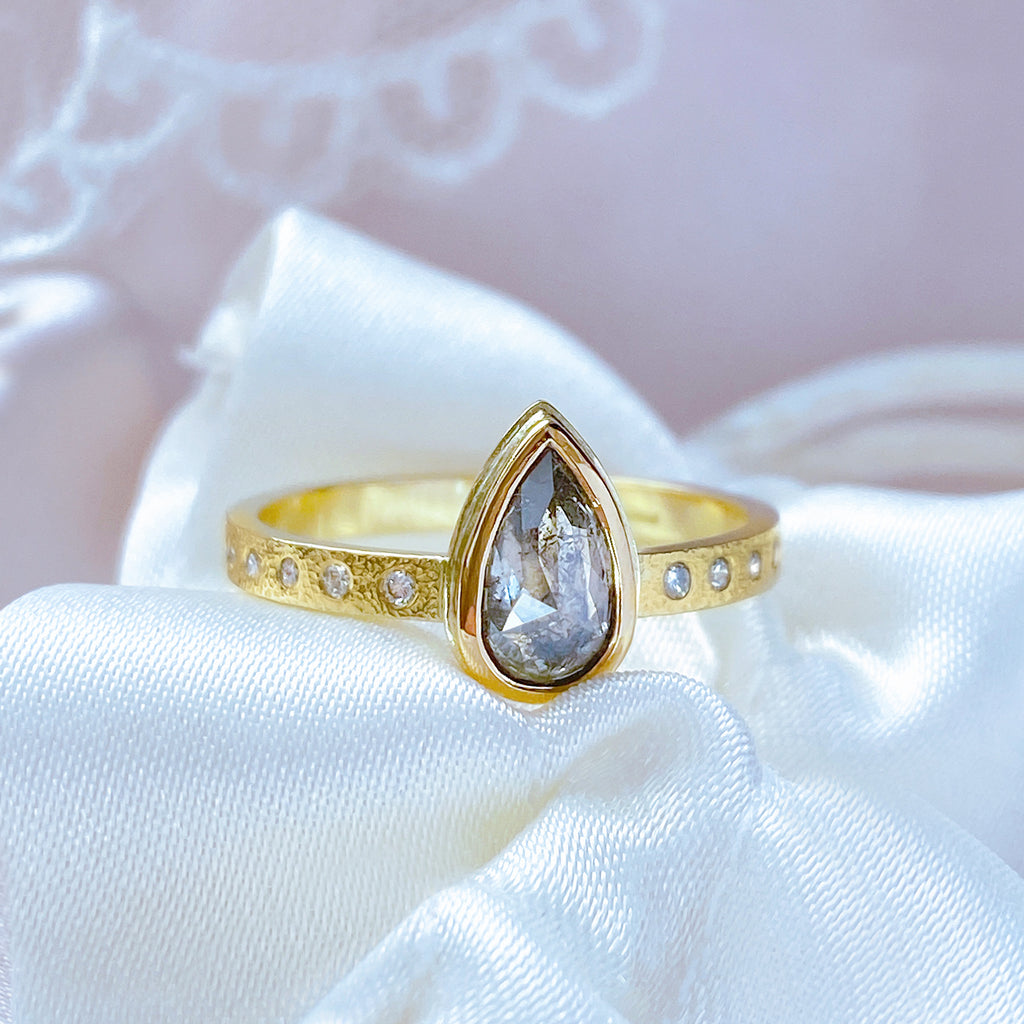 Pear Salt & Pepper Rock Diamond Engagement ring in 9ct/ 18ct Gold - Bijoux de Chagall