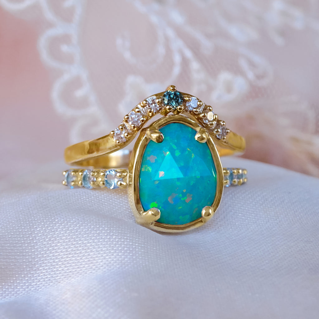 Ocean Blue Opal Diamond Unique Engagement ring in 9ct / 18ct Gold - Bijoux de Chagall