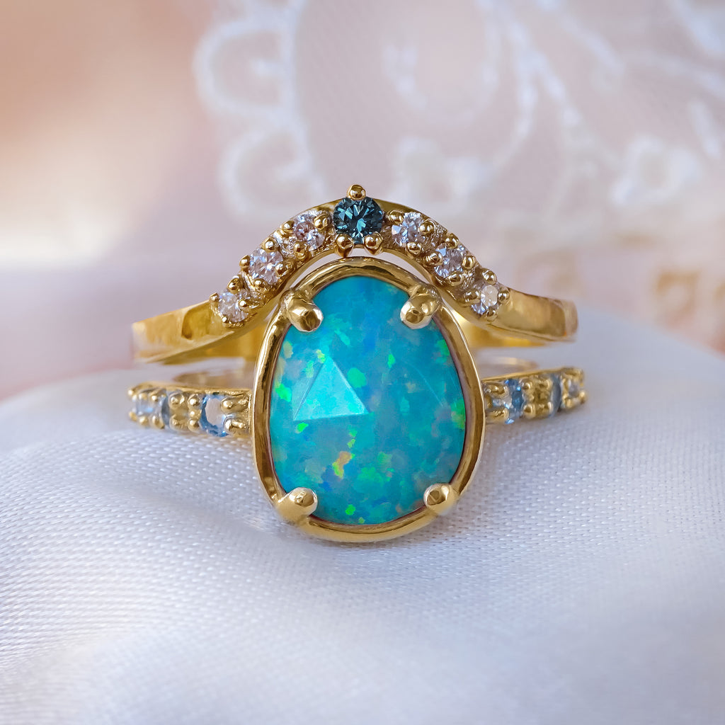 Art Deco Ocean-Blue Opal Diamond Engagement Bridal ring Set in 9ct / 18ct or Silver - Bijoux de Chagall