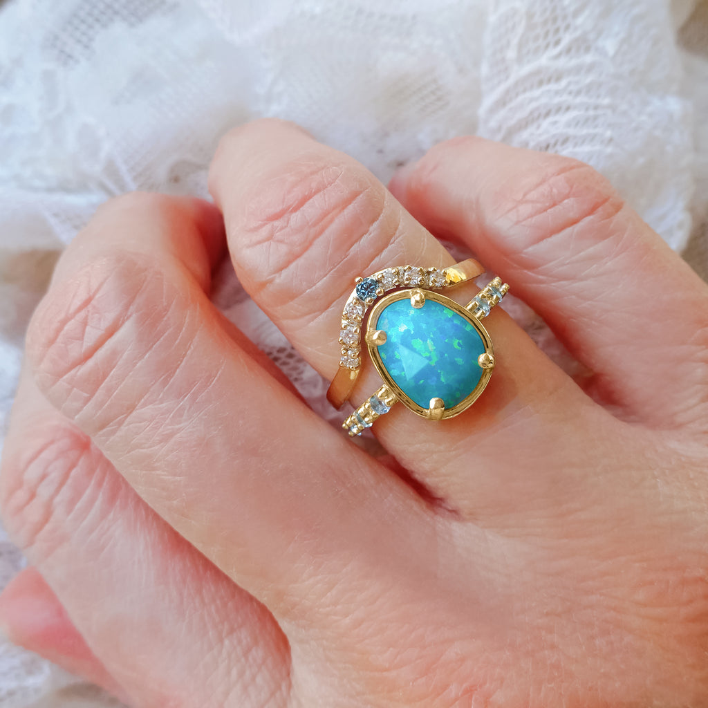 Art Deco Ocean-Blue Opal Diamond Engagement Bridal ring Set in 9ct / 18ct Gold - Bijoux de Chagall