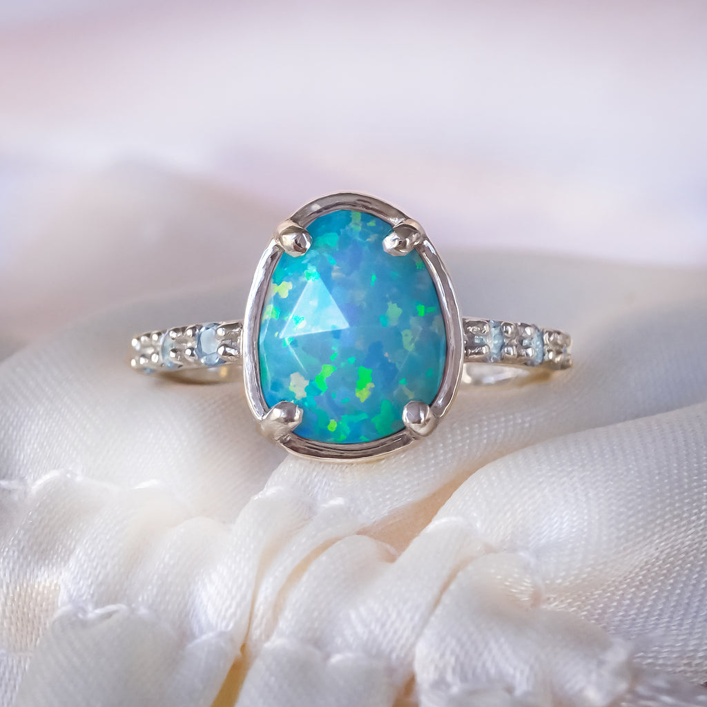 Ocean Blue Opal Diamond Unique Engagement ring in 9ct / 18ct Gold - Bijoux de Chagall