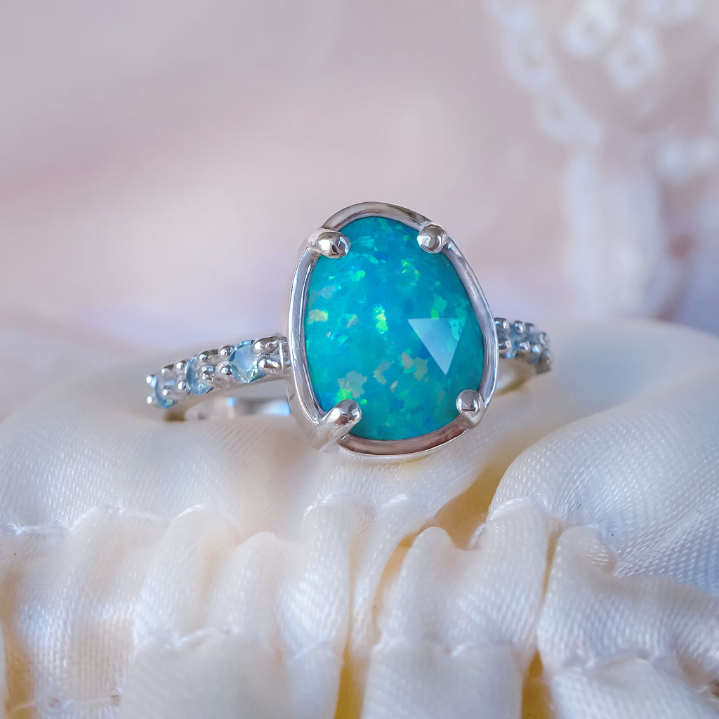 Art Deco Ocean-Blue Opal Diamond Engagement Bridal ring Set in 9ct / 18ct Gold - Bijoux de Chagall