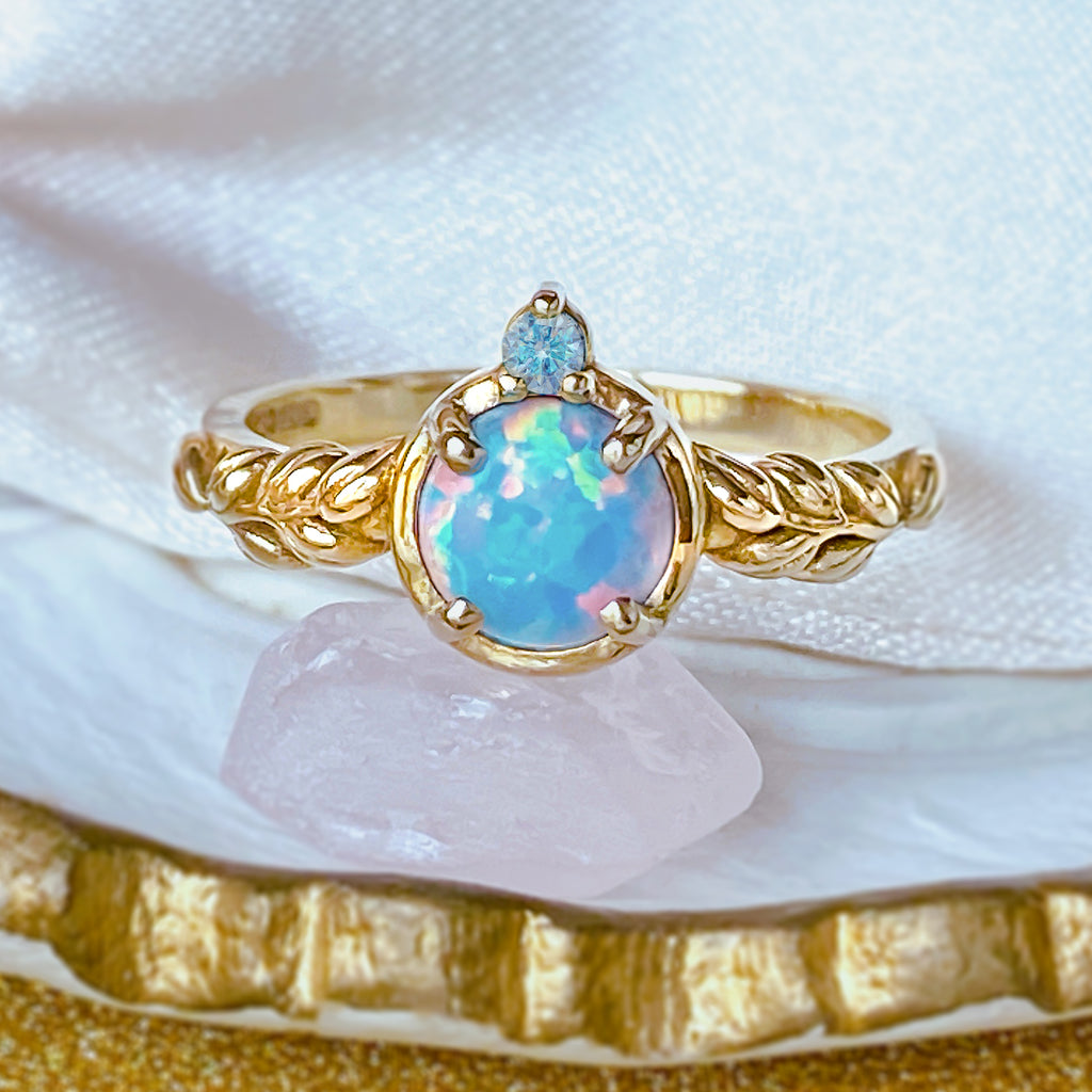 Little Earth Dreamy Blue Opal Diamond Floral Engagement Ring in 9ct / 18ct Gold - Bijoux de Chagall