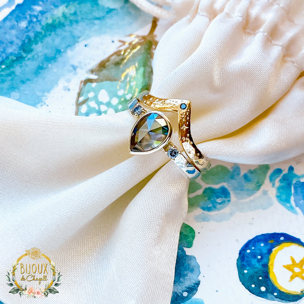 Stargazer Teal Blue Diamond Contour Wishbone Wedding ring in 9ct / 18ct Gold - Bijoux de Chagall