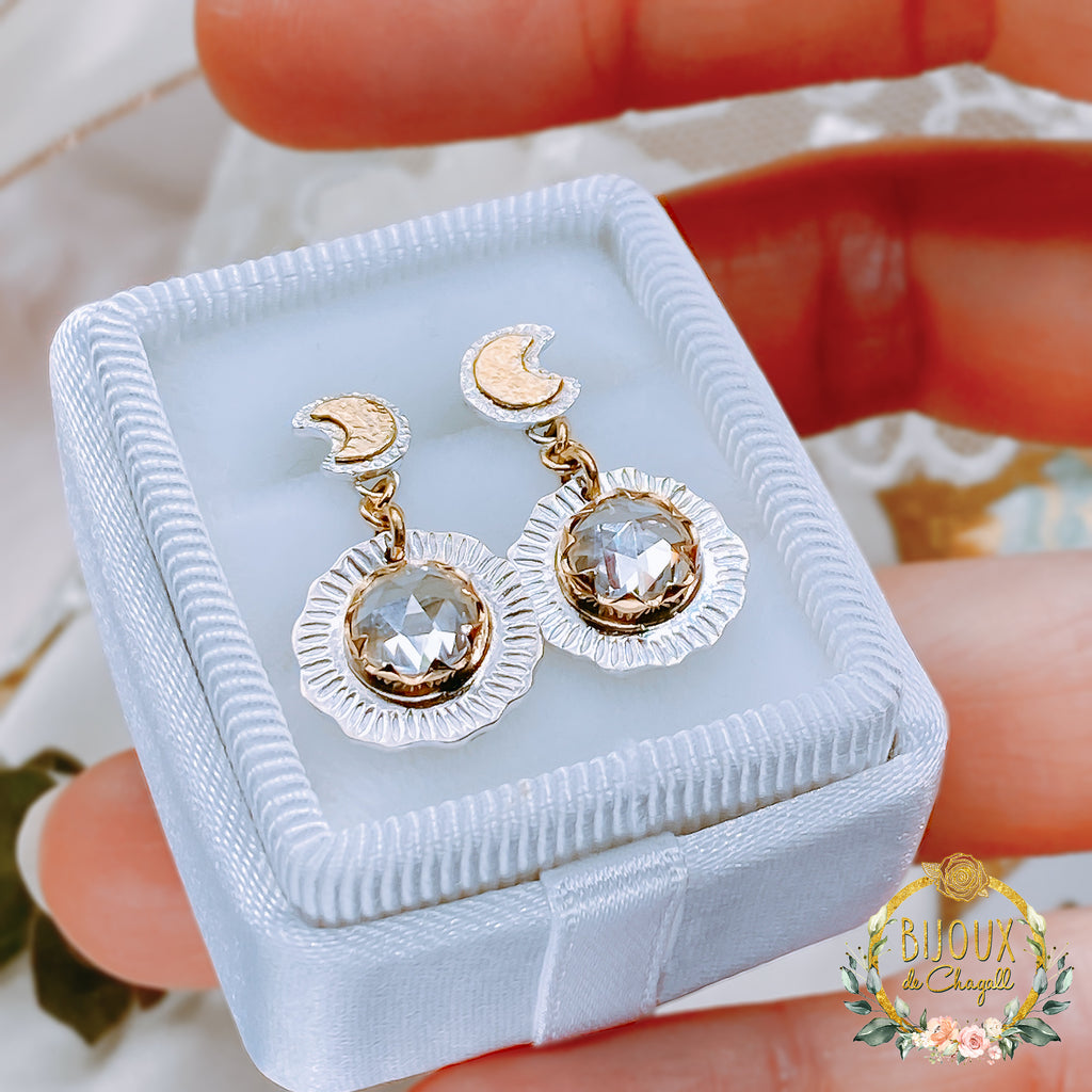 Gold Sun and Moon White Sapphires Drop Earrings in 9ct Gold and Silver - Bijoux de Chagall