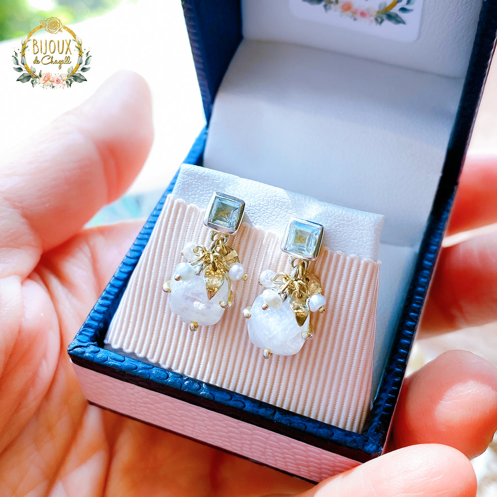 White Moonstone & Pearls Drop earrings in 9ct Gold and Silver - Bijoux de Chagall