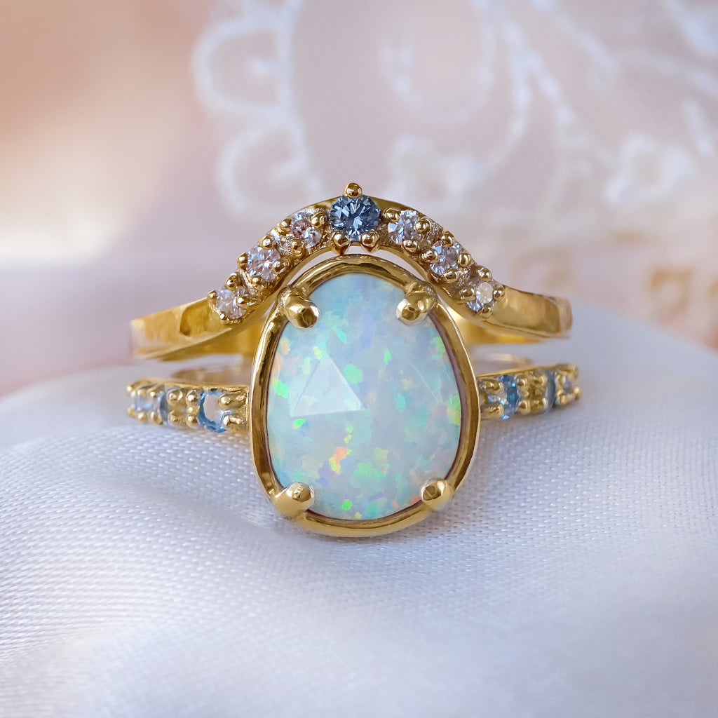 Beautiful White Opal Diamond Unique Engagement ring in 9ct / 18ct Gold. - Bijoux de Chagall