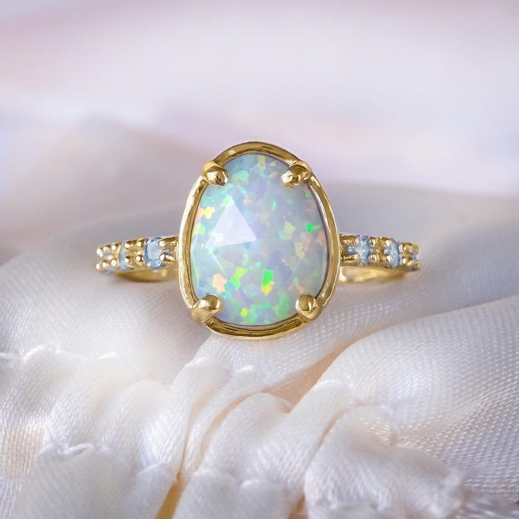 Art Deco White Opal Diamond Engagement Bridal ring set in 9ct / 18ct or Silver - Bijoux de Chagall