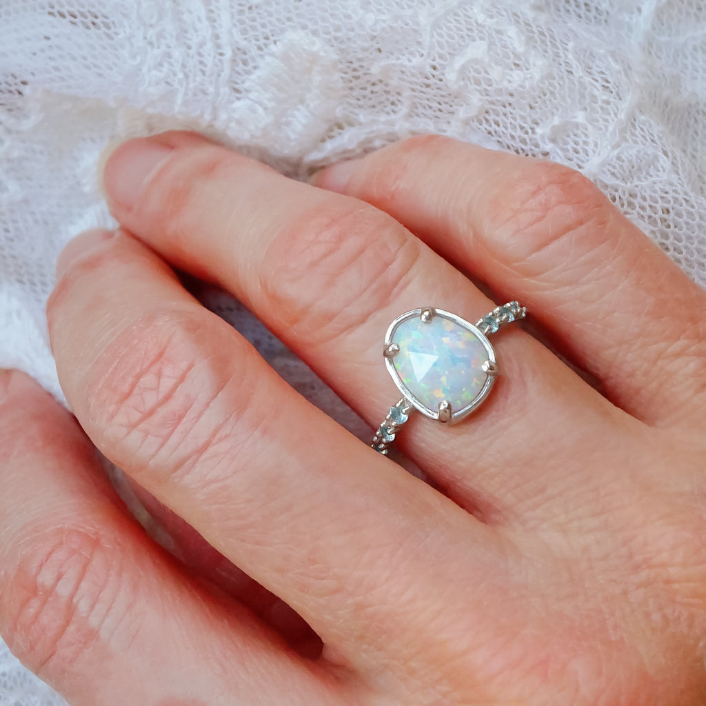Dazzling White Opal Engagement ring with Aquamarines in 925 Sterling Silver. - Bijoux de Chagall