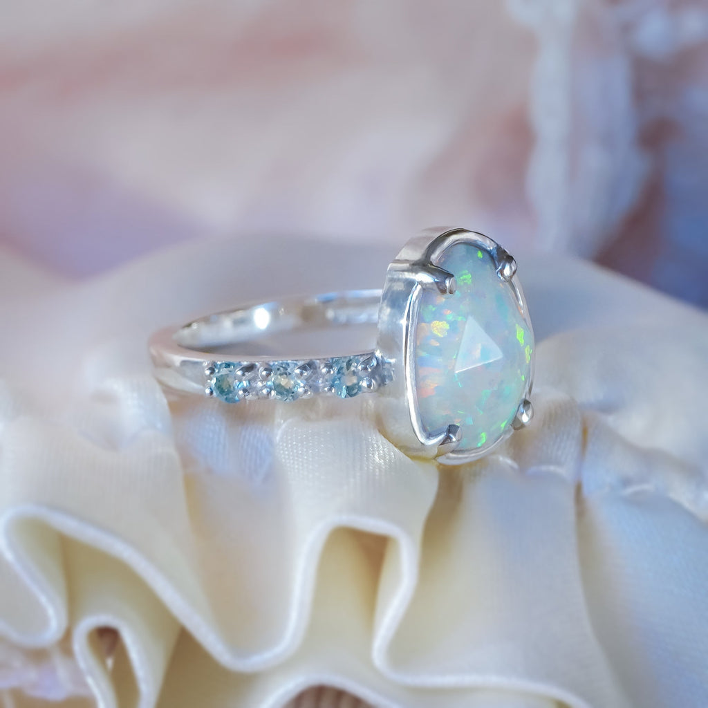 Dazzling White Opal Engagement ring with Aquamarines in 925 Sterling Silver. - Bijoux de Chagall
