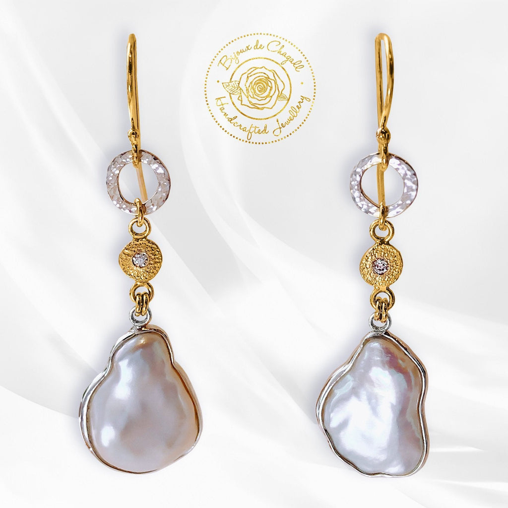 White Keshi Pearl Diamond Dangle Earrings in 9ct Gold and Silver - Bijoux de Chagall
