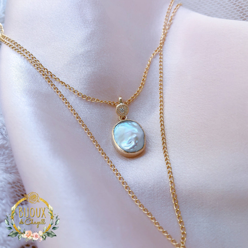 Stardust Organic Keshi Pearl Diamond Pendant Necklace in 9ct / 18ct Gold - Bijoux de Chagall