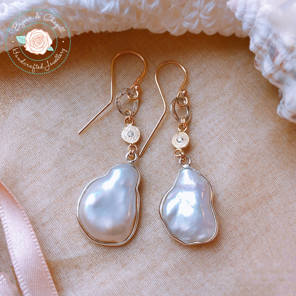 White Keshi Pearl Diamond Dangle Earrings in 9ct Gold and Silver - Bijoux de Chagall