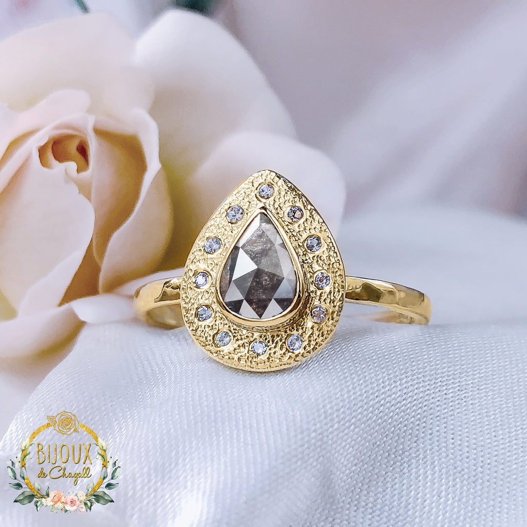 Art Deco Pear Salt & Pepper Rock Diamond Halo Engagement ring in 9ct / 18ct Gold - Bijoux de Chagall