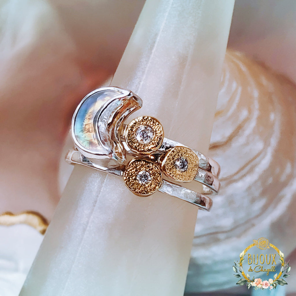 Moonstone Crescent Moon Moissanite Diamond Engagement ring in 9ct Gold and Silver - Bijoux de Chagall
