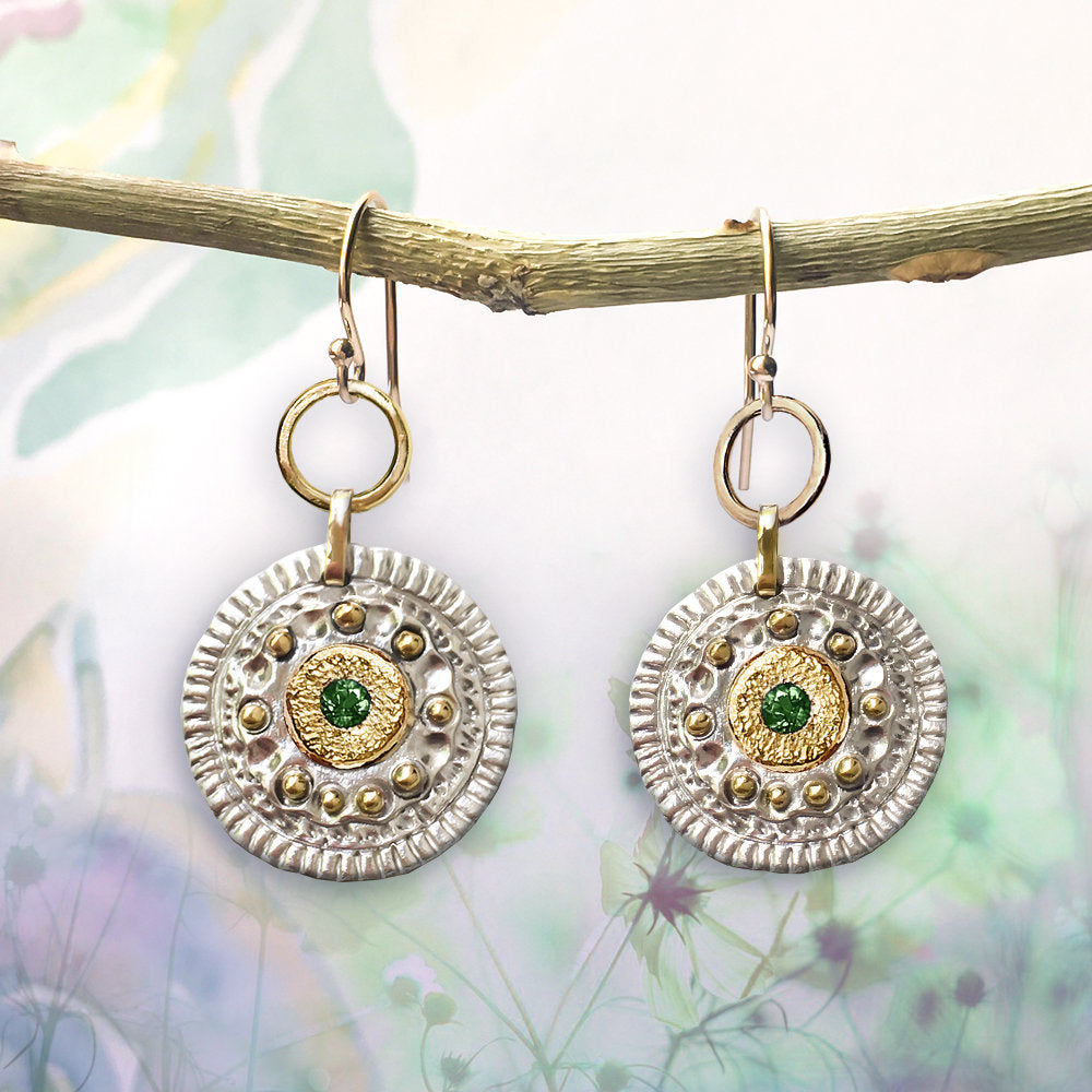 Byzantine Emerald Coin Drop Earrings in 9ct Gold and Silver - Bijoux de Chagall