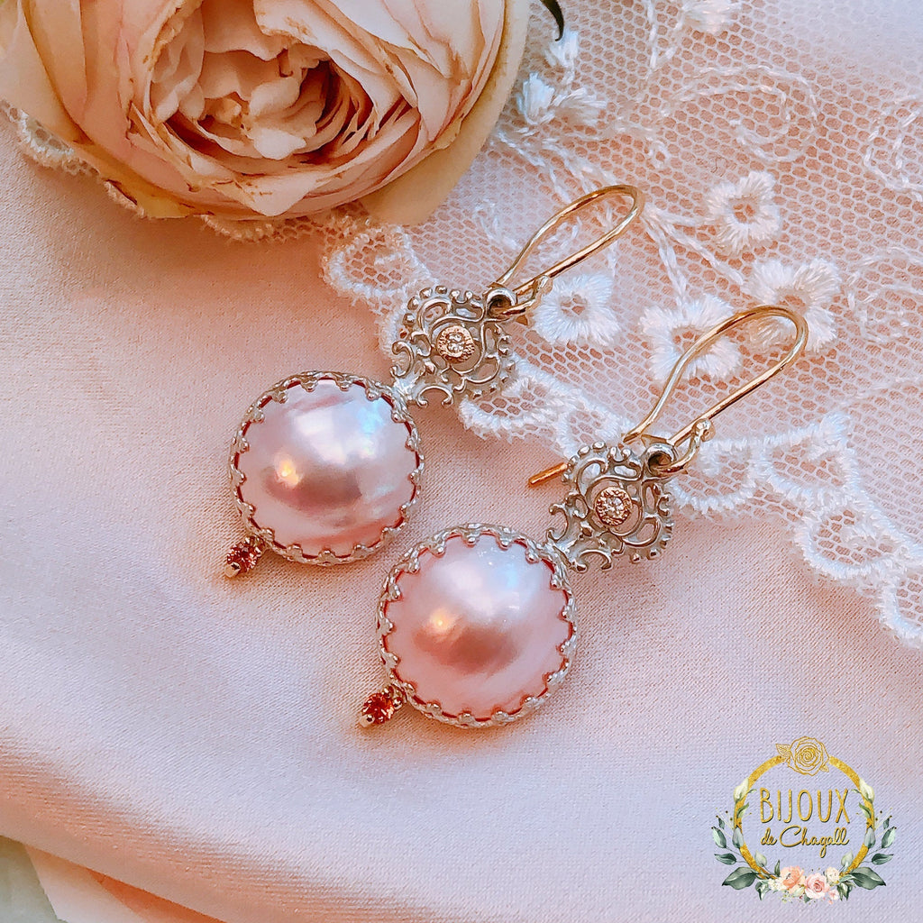 Pastel Pink Mabe Pearl Crown Lace Dangle Earrings in 9ct Gold and Silver - Bijoux de Chagall