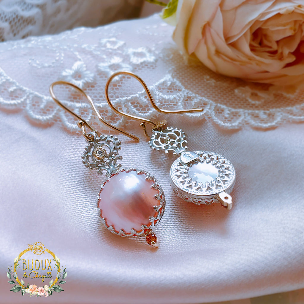 Pastel Pink Mabe Pearl Crown Lace Dangle Earrings in 9ct Gold and Silver - Bijoux de Chagall
